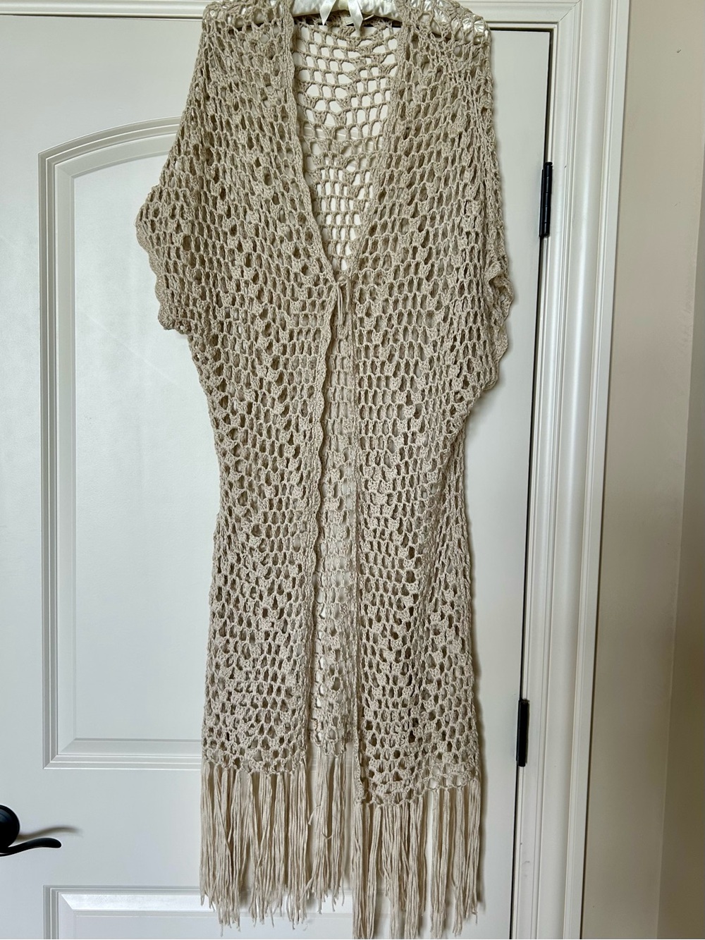 Beige BOHO  Crochet Fringe Kimono Sweater• M